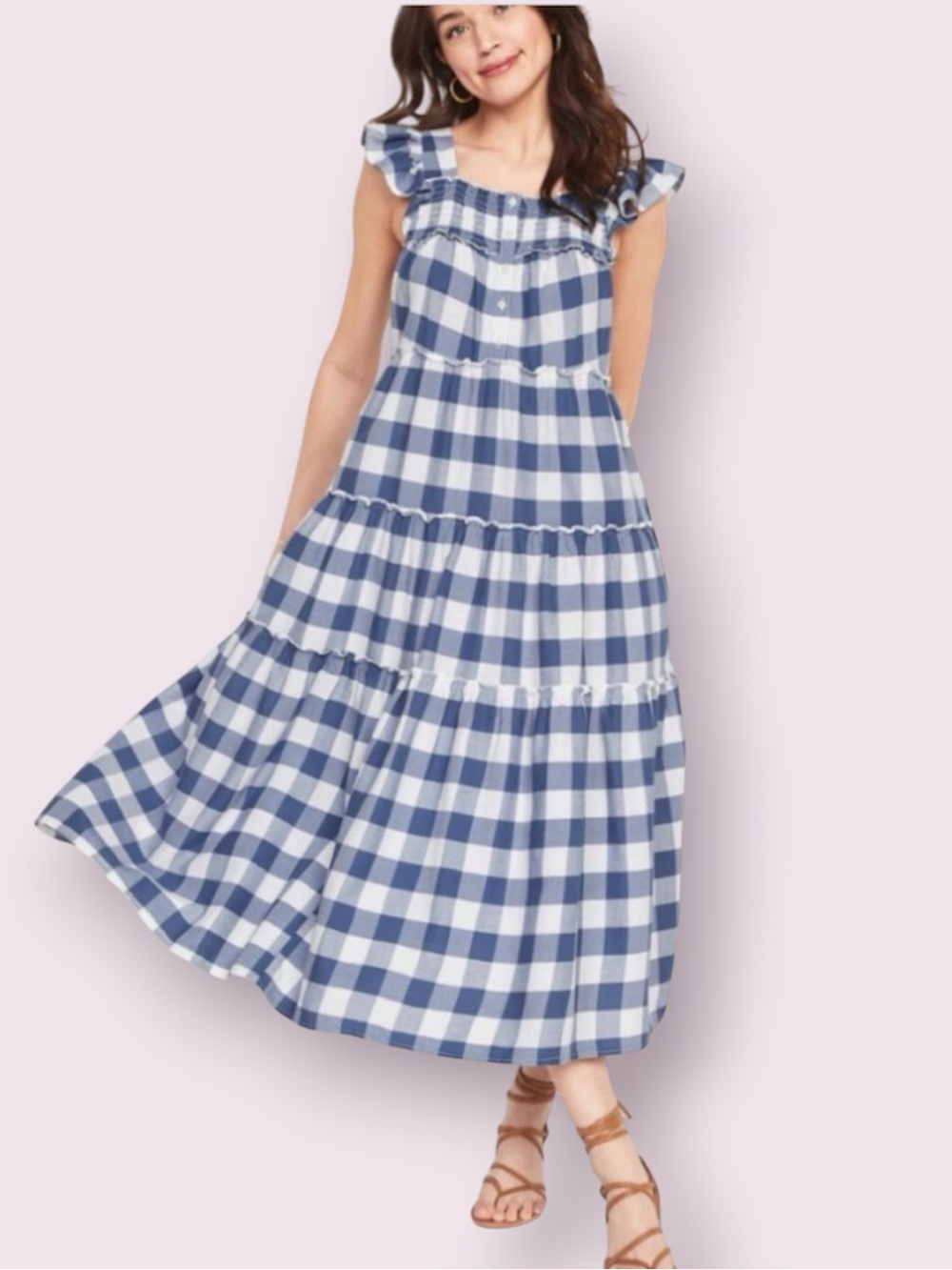 Old Navy Gingham Cottagecore Farmhouse Tiered Maxi Dress Blue & White Large